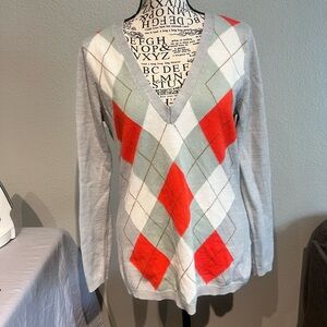 New York & Company V-Neck Argyle Sweater - Gray, Red, White
